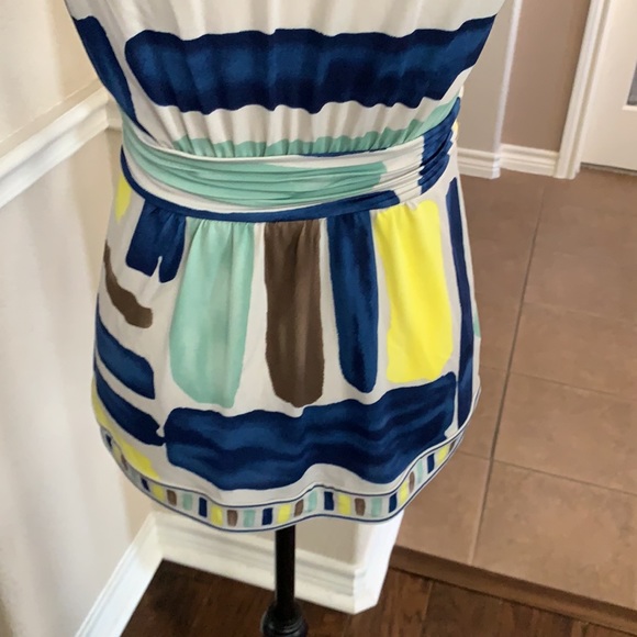 BCBGMAXAZRIA blue, green, brown & yellow geometric striped short sleeve top - Picture 11 of 17